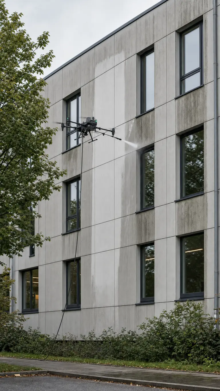 Reinigungsdrohne reinigt die Fassade eines Wohn- und Bürogebäudes, ein frisch gereinigter heller Streifen zieht sich über die verwitterten Platten