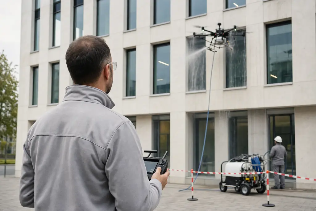 Pilot mit Fernsteuerung vor einem Gebäude, im Hintergrund reinigt die Drohne die Fassade, eine Bodenperson steht am Wassertank