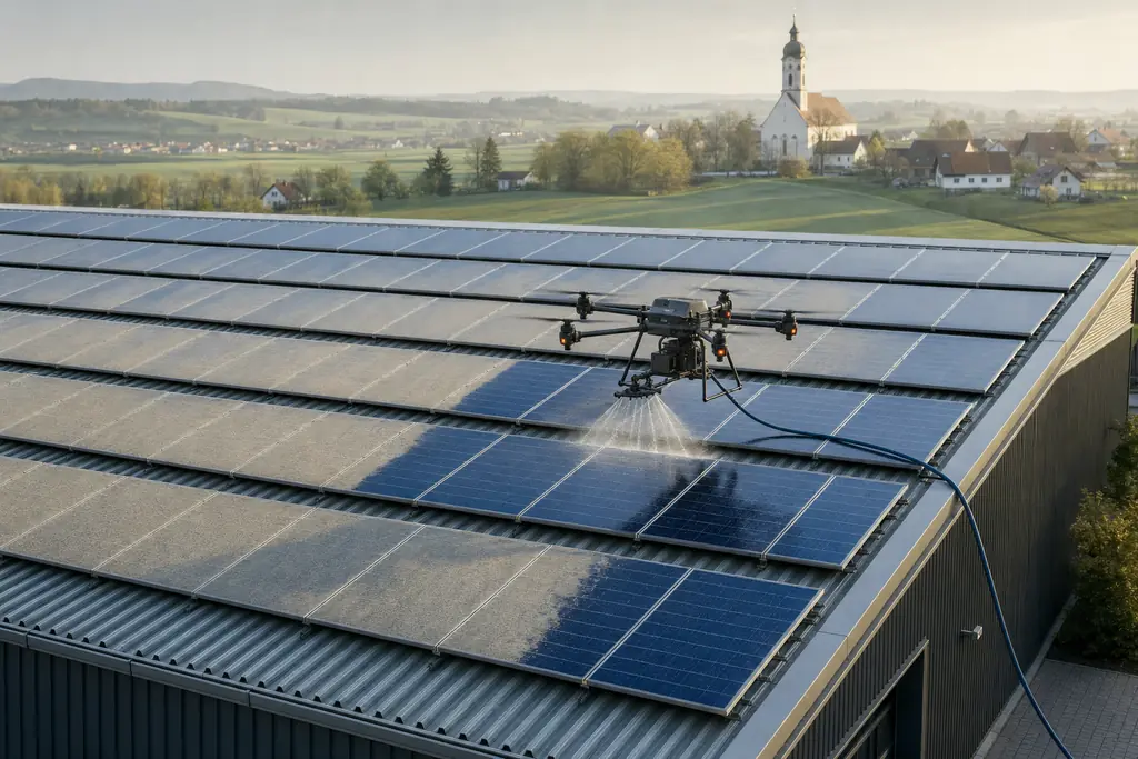 Reinigungsdrohne über einem Hallendach mit Photovoltaikmodulen, gereinigte Reihen glänzen tiefblau